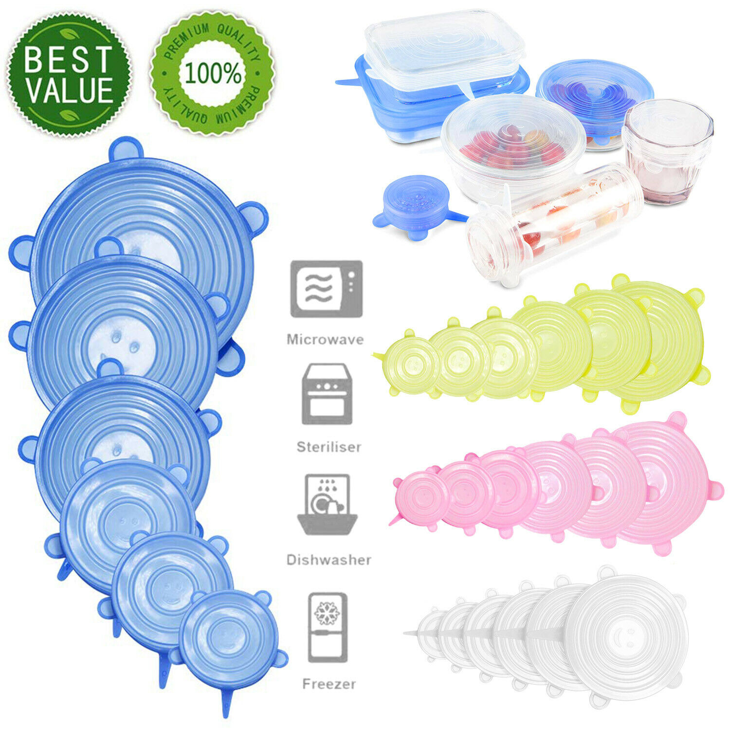 6 Pcs Silicon Reusable Stretch Lids Food Bowl Containers Dishes Covers