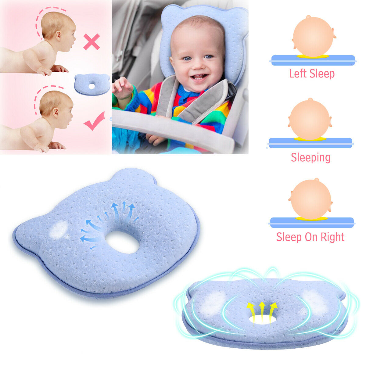 Baby Newborn Infant Pillow Memory Foam Positioner Prevent Flat Head Anti Roll Us
