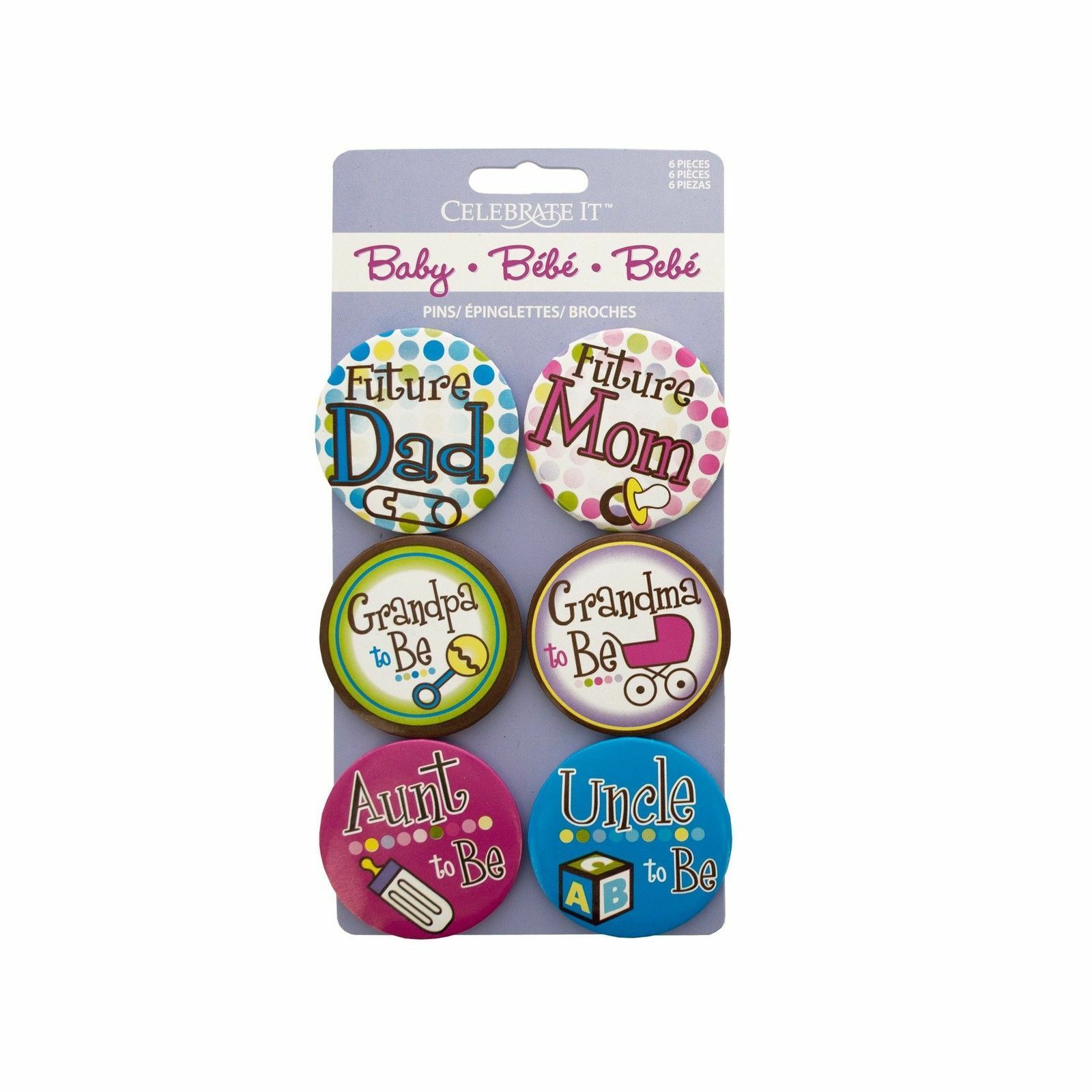 Baby Shower Buttons Mom Dad Grandma Grandpa Aunt Uncle - 6p 1.5" Baby Pins Bold