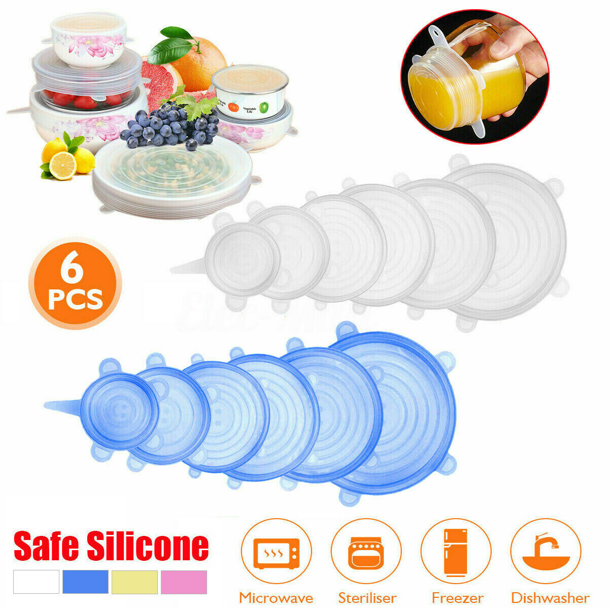 6pcs Set Stretch Silicone Food Bowl Cover Safe Storage Wraps Seals Reusable Lids