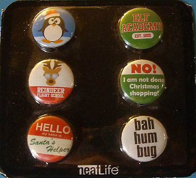 New 6 Pc Christmas Buttons Reindeer Elf Academy Bah Hum Bug Neatlife Pins